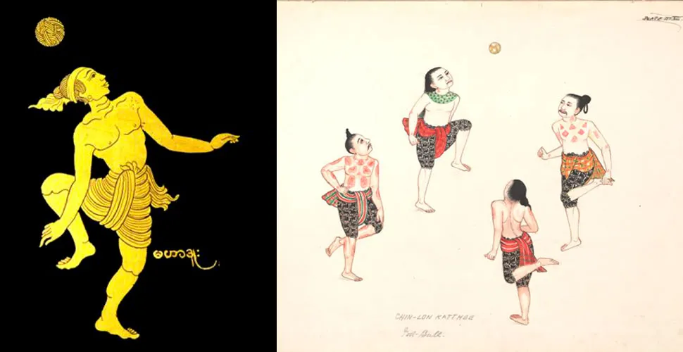 Watercolor painting of a chinlone game from the 19th century